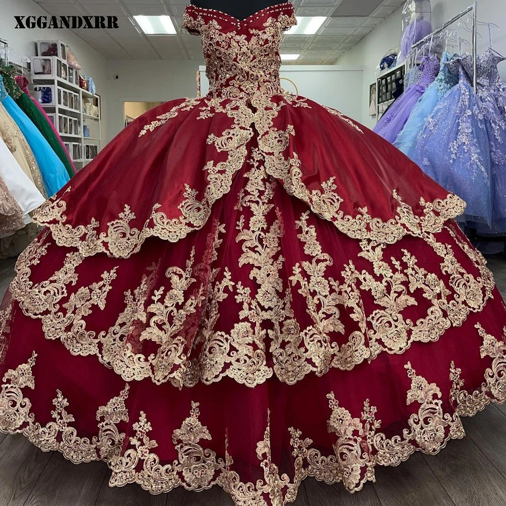 

New Red Ball Gown Quinceanera Dress 2022 V Neck Layers Lace Applique Sweet 15 16 Birthday Prom Party Formal Wear Custom Made