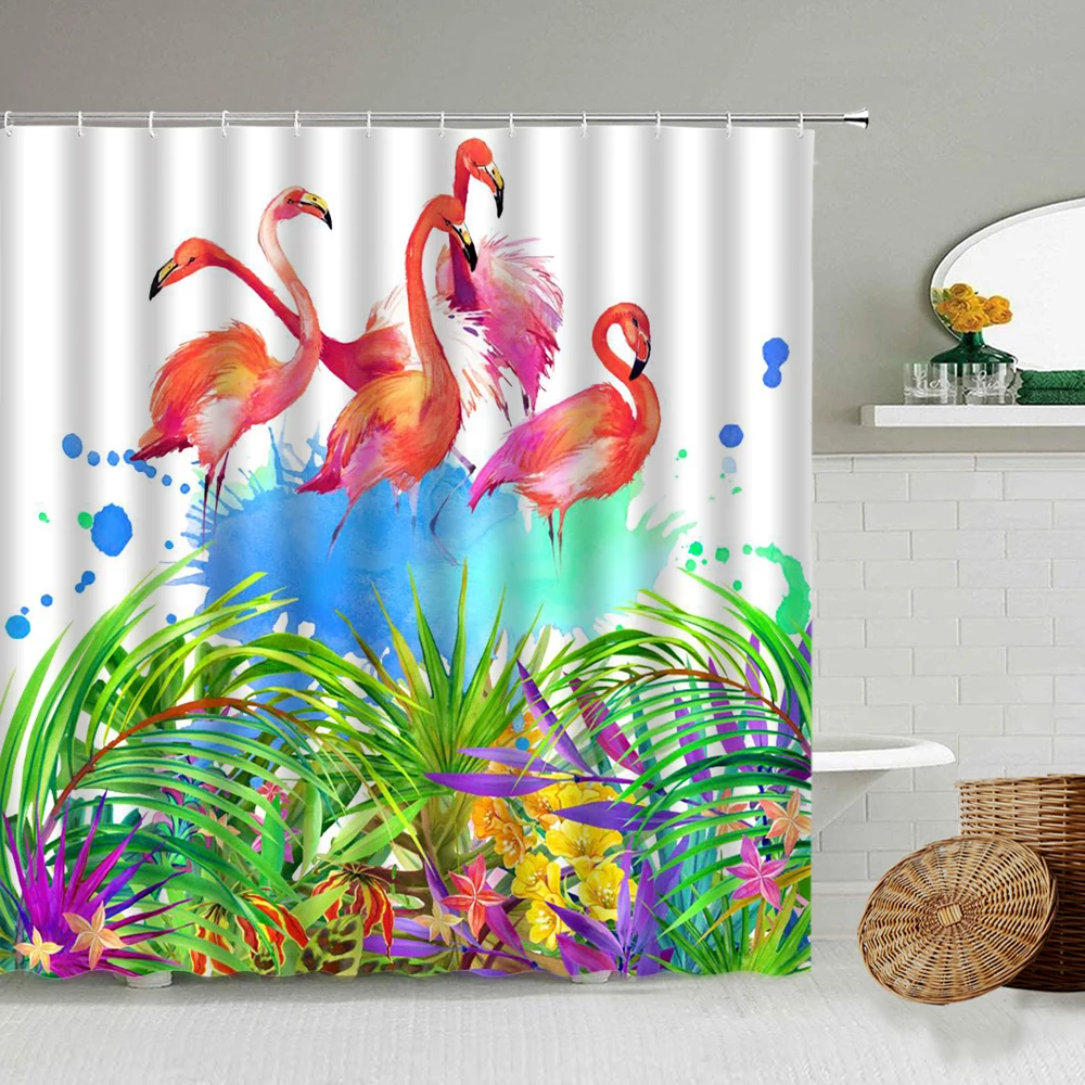 

Flamingo Pattern Shower Curtain Palm Leaf Printing Bathroom Bathtub Home Nordic Style Decorative Waterproof Polyester Curtains