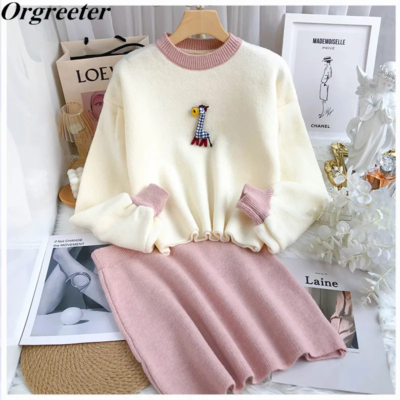 

Cute Giraffe Appliques Knit Tops Skirts Suits Women Loose Short Pullover Jumper Sweater Mini Skirt Sets Fashion 2 piece Outfits