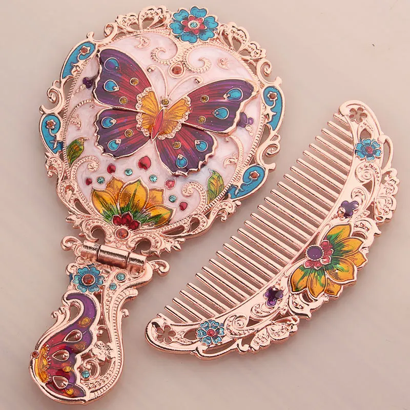 

Russian handle small mirror with comb set retro carry-on make-up mirror folding tabletop princess mirror hand mirror