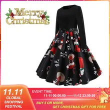 Vestido de natal para mulher grande swing elegante vestido de impressão vestidos de festa de manga longa cinto vintage vestido feminino robe plus size (2)