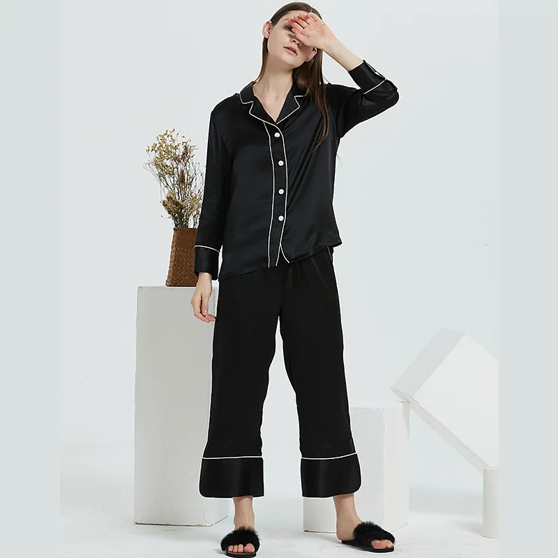 Young Lady Casual 2PCS Pajamas Set 100% Silky Women New Turn-down Collar Soft Tops&pants Casual Lounge Nightwear Pijamas