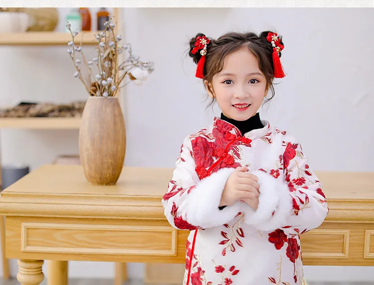 Детское пальто Cheongsam в китайском стиле с пионами; костюм Tang; детское осенне-зимнее платье с длинными рукавами; плотные платья для девочек; одежда на год
