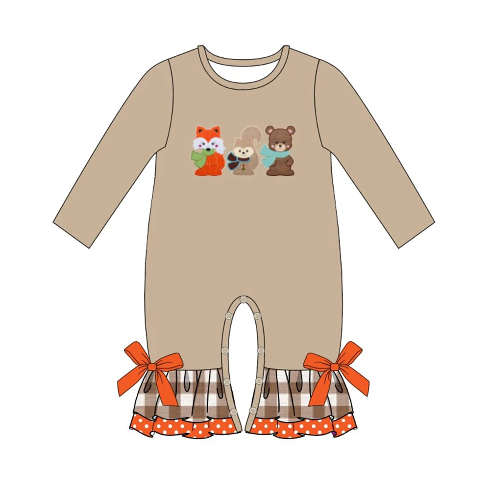 

Осенняя одежда для девочек, коричневые детские комбинезоны с длинным рукавом, оранжевым бантом, лисой, белкой и медведем, с вышивкой, для мал...