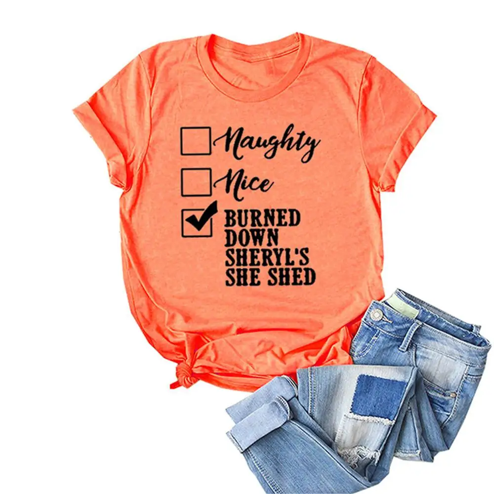 

Naughty Nice Burned Down Letter Print Women T shirt O-neck Short Sleeve Tshirts Harajuku Vintage Vogue T-shirt Ladies Clothes