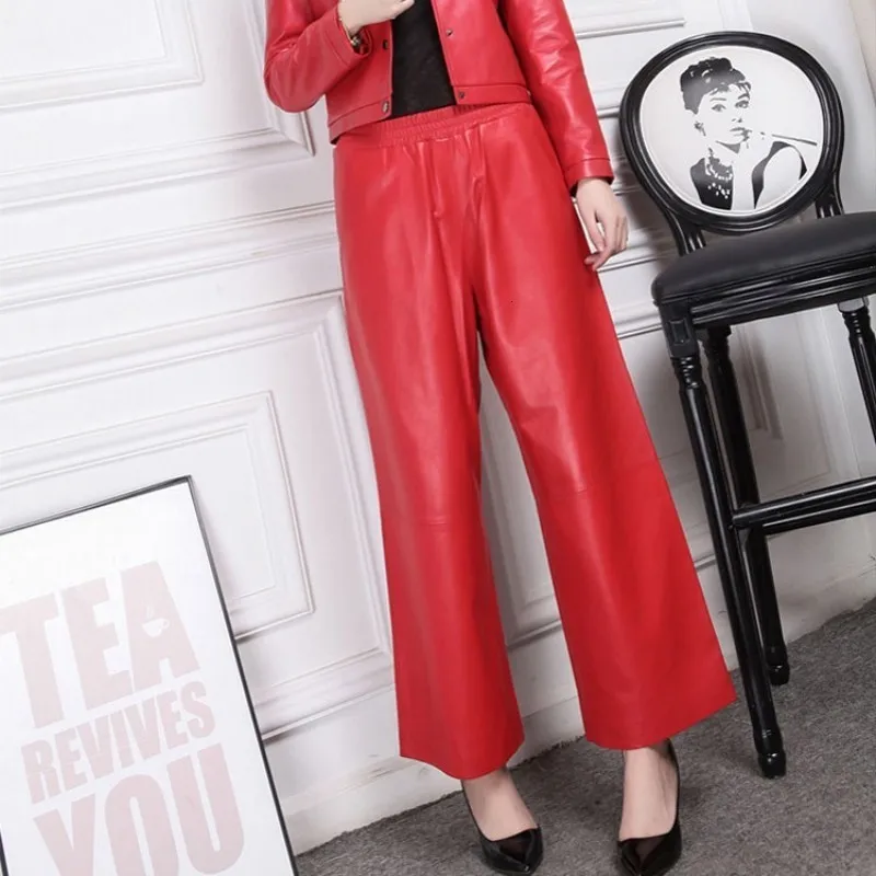 Лидер продаж 2020 красные черные кожаные женские брюки 100% свободные офисные с