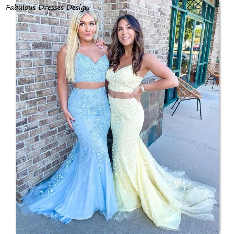 

Two Pieces Mermaid Bridesmaid Dresses Long Spaghetti Strap Applique Lace Tulle V-neck Women Wedding Party Dress Maid Of Honor