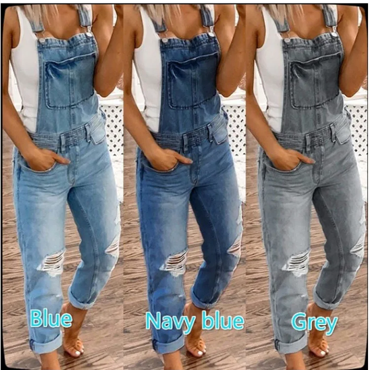 

Women Suspenders Trousers Slim Casual Hipster Spring and Autumn Button Cotton Distressed Holes Washed One-piece Overalls