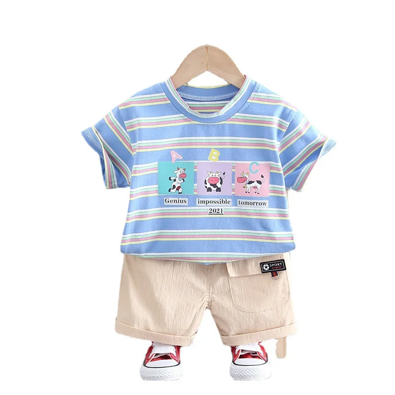 

New Summer Baby Boys Girls Fashion Casual Clothes Suit Kids Infant Cartoon Striped+Shorts Cute Children Cotton Clothing 0-4 Year