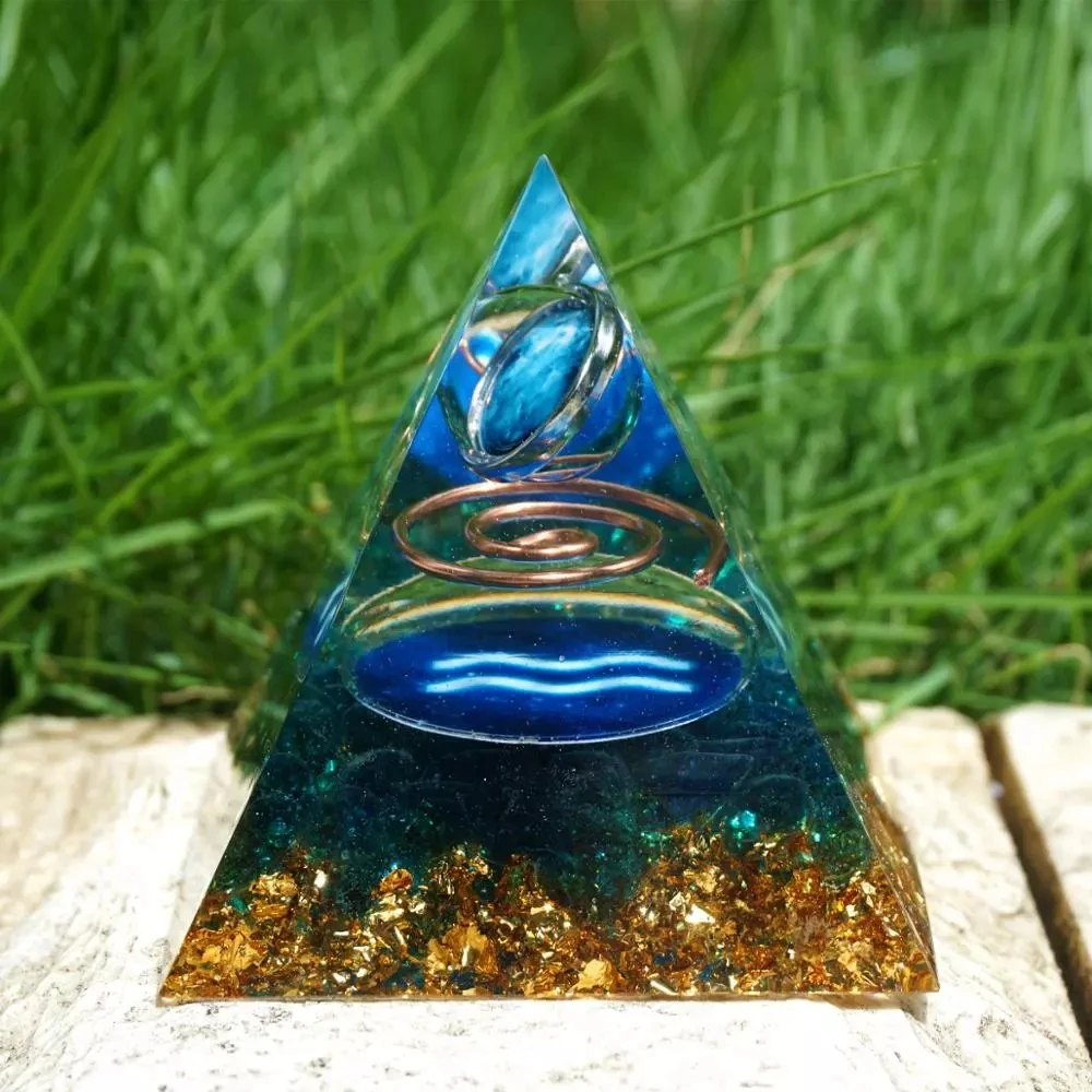 

Runes Handmade Uranus Planet Sphere Orgone Pyramid AQUARIUS Geometry Pattern with Blue Quartz Gemstone Copper Orgonite Gift