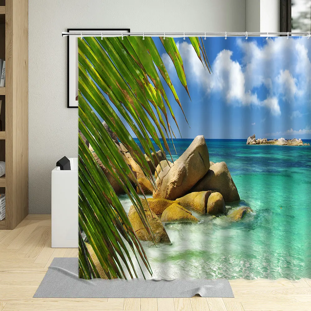 

Summer day Seaside Vacation Coconut tree Shower Curtain Landscape Sea Wave Blue Sky Baiyun Sunlight Bathroom Decoration Fabric
