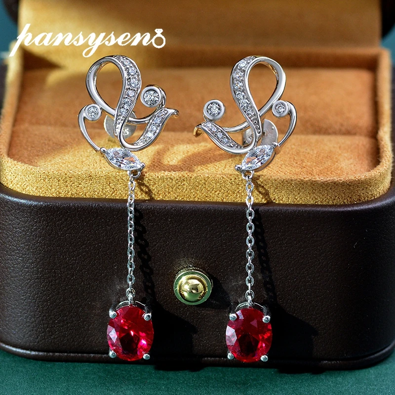 

PANSYSEN Vintage 925 Sterling Silver Oval Cut Ruby Simulated Moissanite Diamond Dangle Drop Earrings Women Cocktail Fine Jewelry