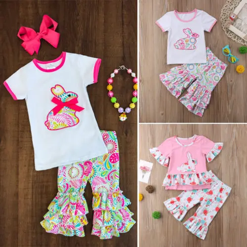 2019 г. Пасхальная одежда с кроликами для маленьких девочек комплекты топ