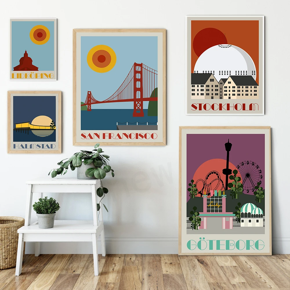 

Sanfrancisco Travel Landscape Canvas Painting Goteborg Halmstads Nordic Cartoon Poster Print Living Room Decoration Wall Picture