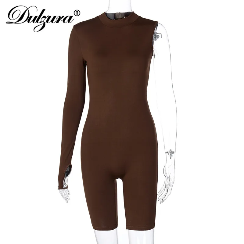 

Dulzura Solid Women Long Sleeve One Shoulder Playsuit Bodycon Sexy Streetwear Autumn Winter Sporty Casual Workout Combishort