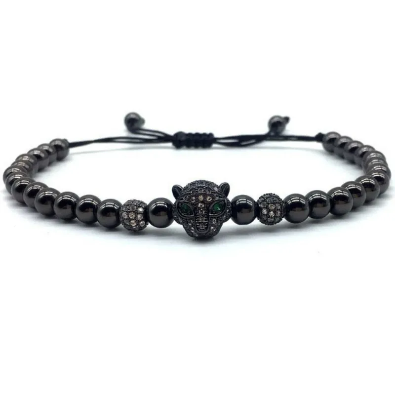 Мужской браслет в стиле панк с головой леопарда регулируемый бусинами форме