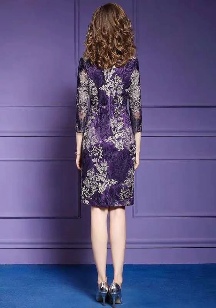 

3XL Dress Vestidos 2020 Spring Summer Party Cocktail Women O-Neck Vintage Jacquard Print 3/4 Sleeve Bodycon Sheath Dress Purple