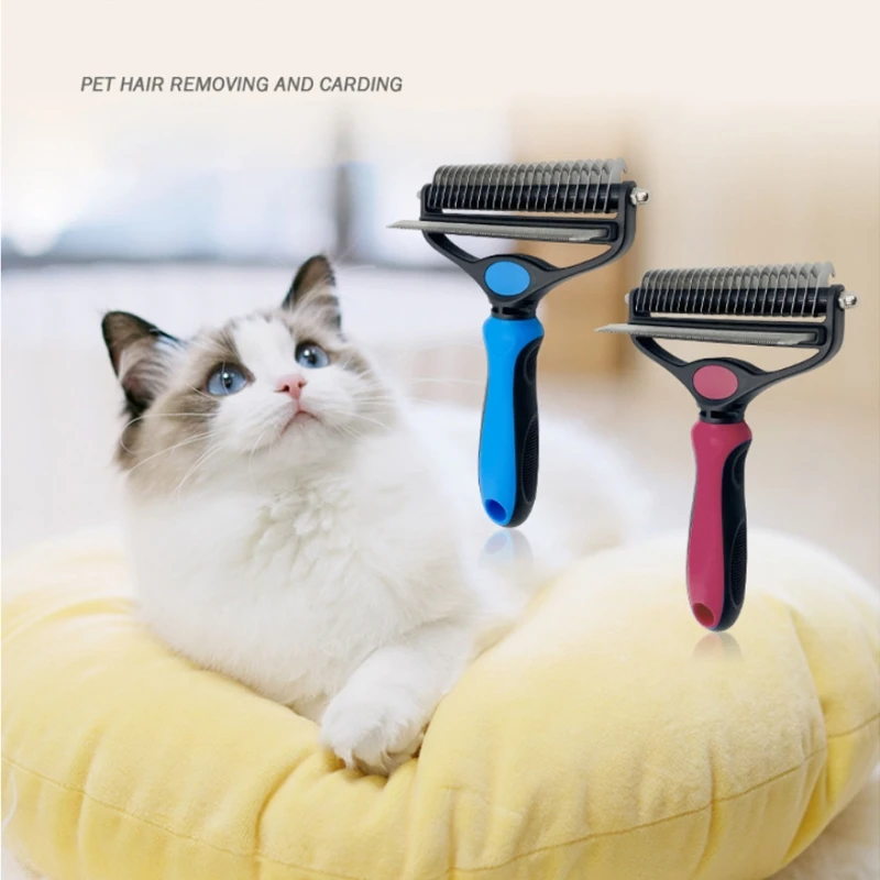 

2 in 1 Dog Cat Brush 2 Sided Pet Grooming Tool Stainless Steel Shedding Hair Removal Trimmer for Deshedding Mats Tangles