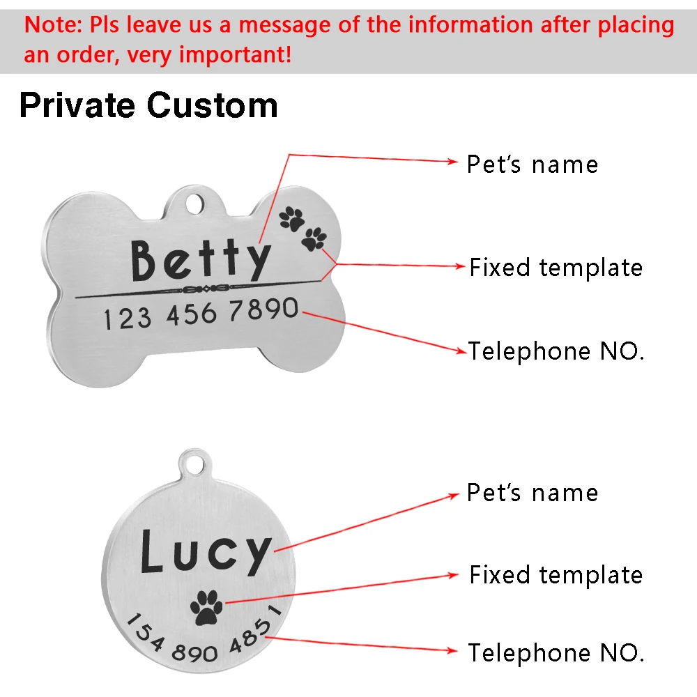 

Custom Pet Id Tags Stainless Steel Personalized Dog Phone Bone Round Name Engraved Dogs Accessories Tag Tag Collar