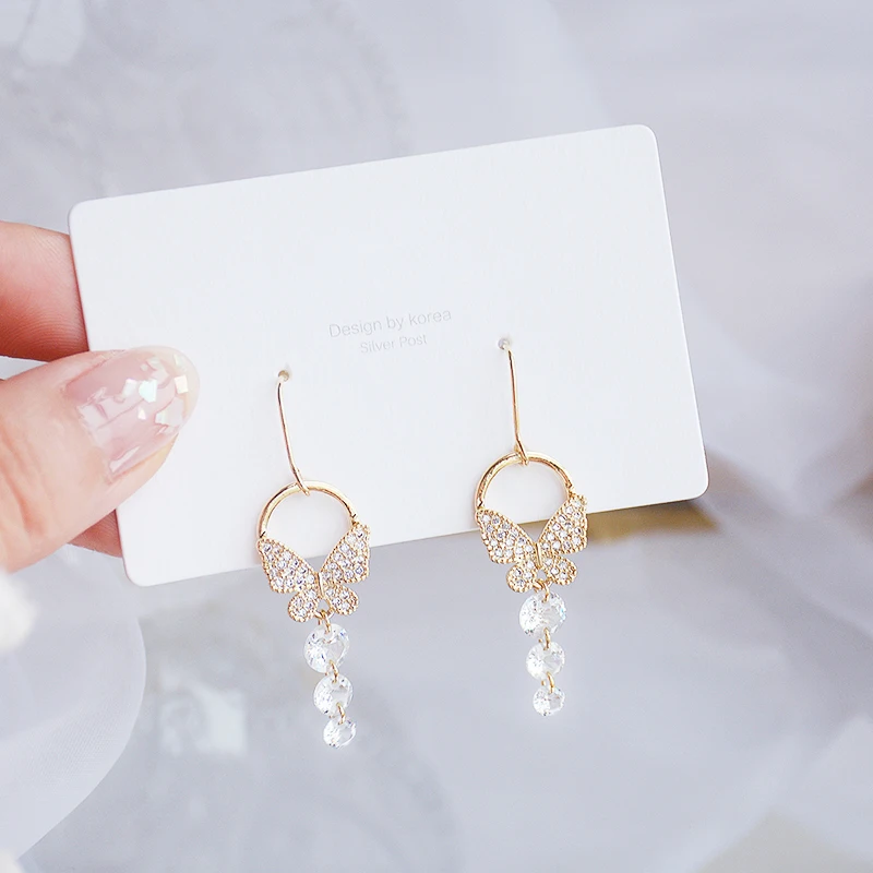 

Trendy Elegant 14K Real Gold Plated Butterfly Water Drop Ear Ring for Women Top AAA Shiny Zircon S925 Silver Needle Jewelry Gift