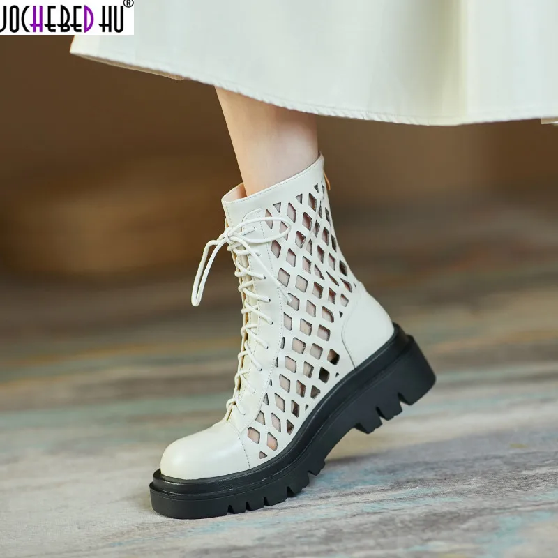 

JOCHEBED HU 2021 New Spring Autumn new superstar recommend cow leather round toe heel hollow handsome girls streetwear mid-calf