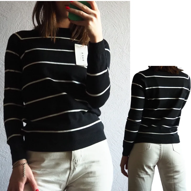 

2021 Autumn Winter Long Sleeve Striped Pullover Women Sweater Knitted Sweaters O-Neck Tops Korean Pull Femme Jumper Female White