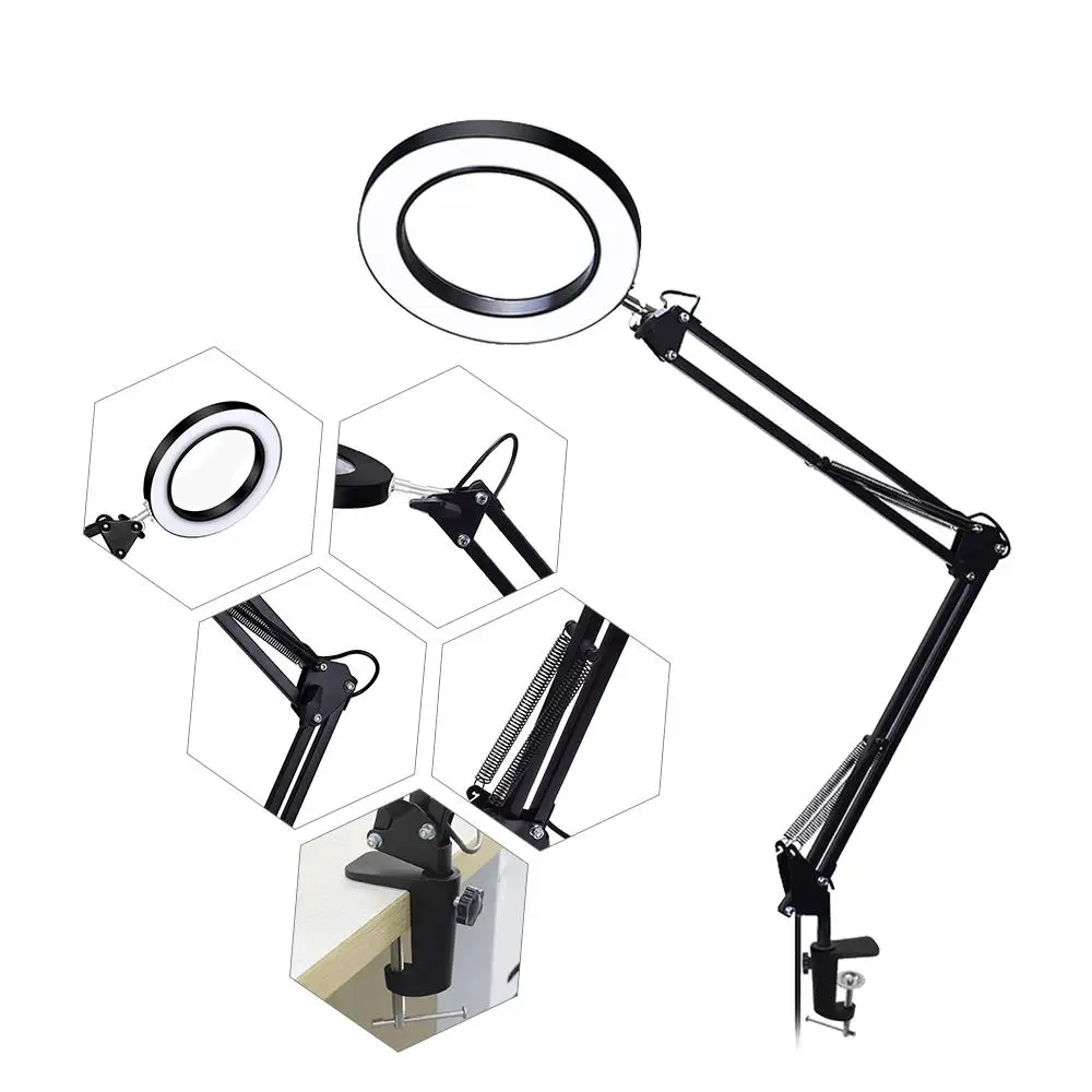

Flexible Desk 22cm+22cm 5X USB LED Magnifying Glass with Led Lights 3 Colors Illuminated Magnifier Lamp Loupe Rework Soldering