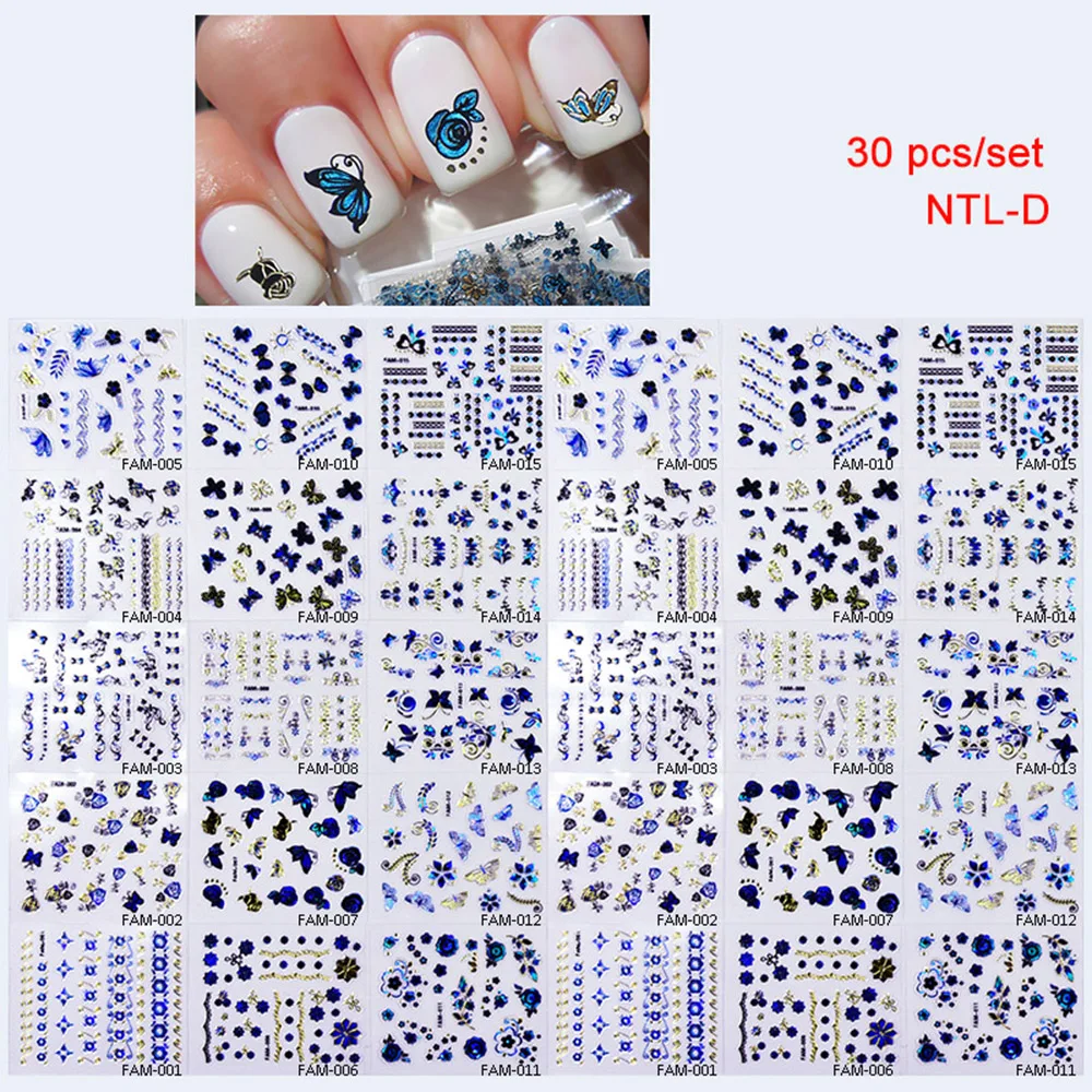 

30Sheets/Set 3D Nail Art Stickers Gold Blue Bling Decals Hot Stamping Shiny Butterfly Flowers Self Adhesive Nail Tattoos HJ/021