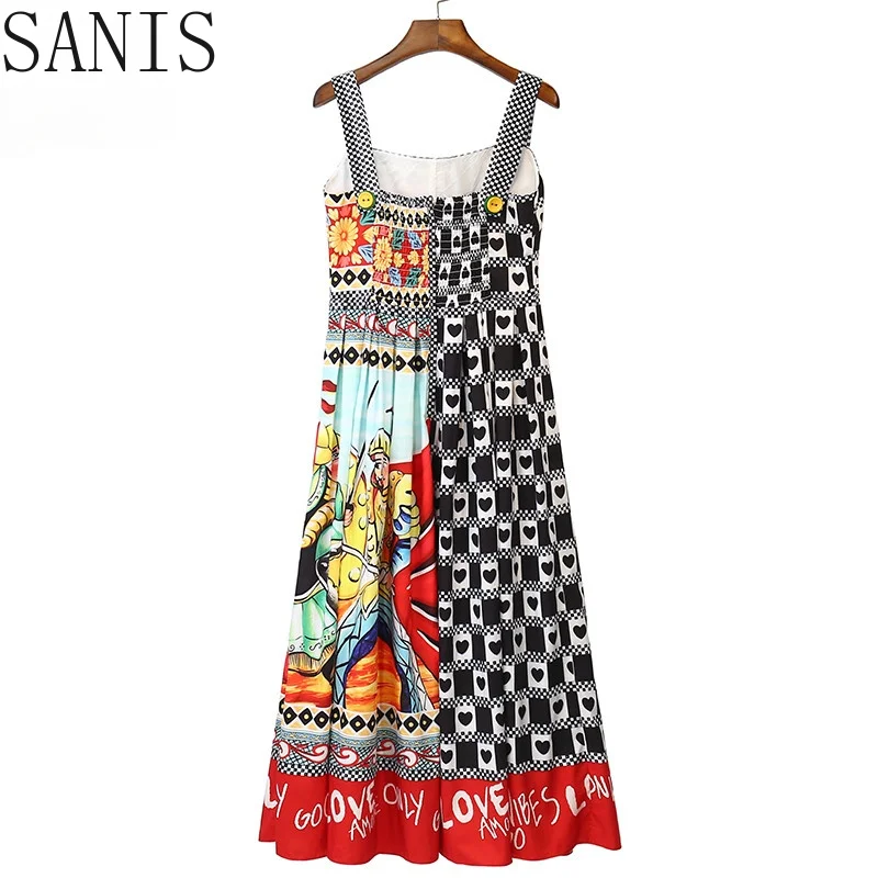 

Sanis 2021 Summer Runway Vintage Cotton Dress Women Spaghetti Strap Button Retro warrior printing Party Midi Dress