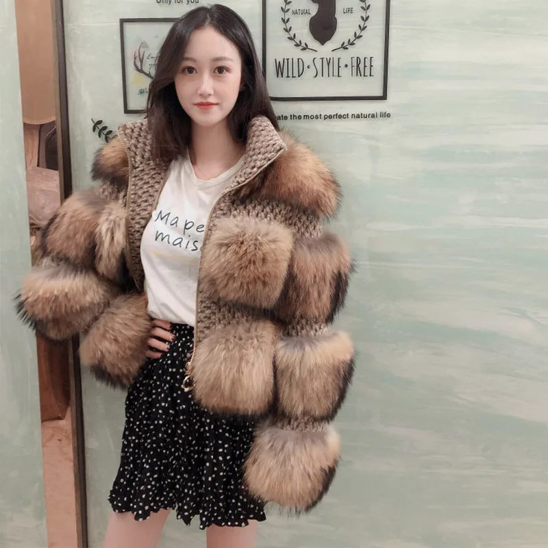 Женское пальто из натурального Лисьего меха с круглым вырезом теплая Женская