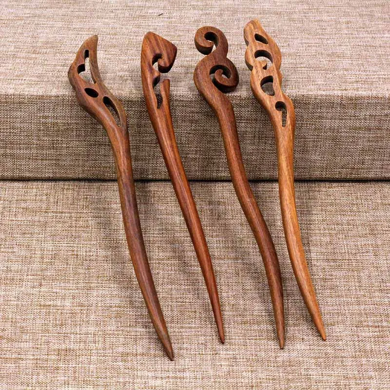 Classic Handmade Green Sandalwood Hair Sticks Wood Carving Coiled Hair Pin for Women Retro Hair Jewelry Vintage Wooden Stick VL