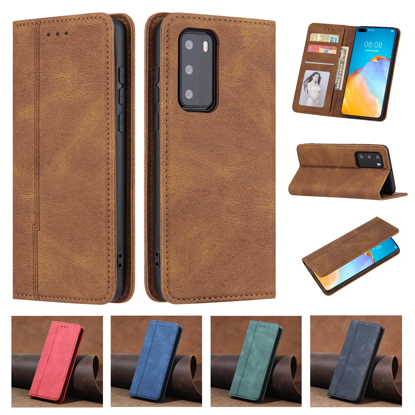 

Luxury Magnetic Leather Flip Cover Wallet Case for Huawei P40 Lite P30 Pro Phone Cover Shockproof Card Holder Stand Fundas Shell
