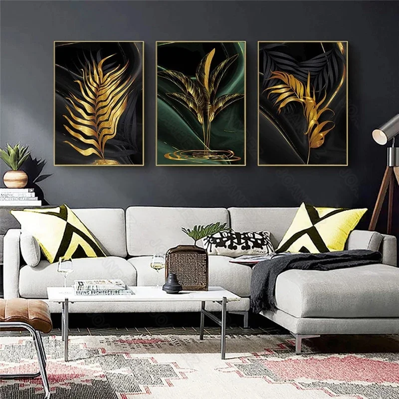 

Decorative Painting Art of Living Room Furniture with Modern Style Gold Leaves and Green Water Ripple Pattern Background