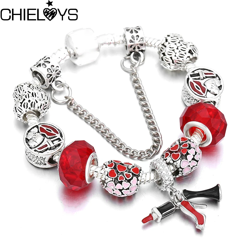 Модные женские браслеты с эмалированными бусинами в виде помады и губ модные для