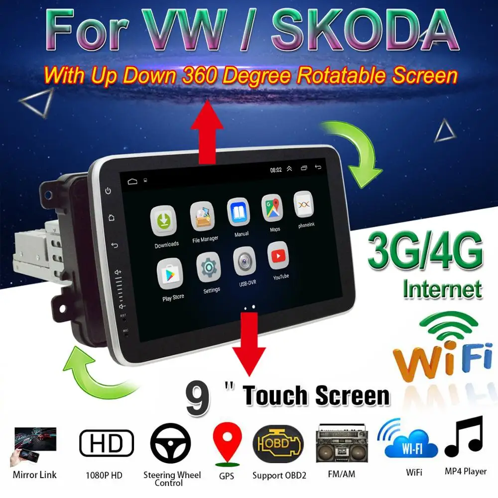 

9" Android 9.1 Car Radio for VW Volkswagen Skoda POLO with Up Down 360 Degree Rotatable Screen BT DAB+ OBD2 GPS WiFi 3G/4G