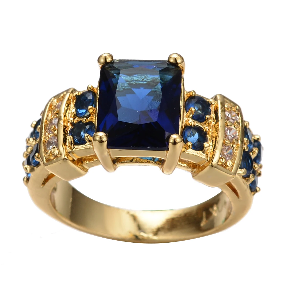 

Vintage Female Blue Crystal Jewelry Charm Gold Color Wedding Big Rings For Women Luxury Square Zircon Stone Engagement Ring