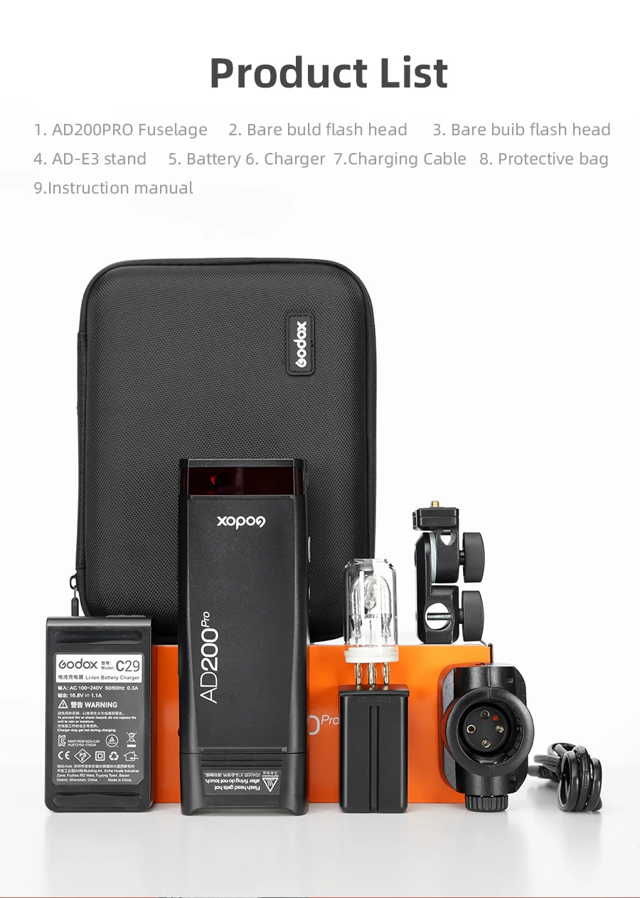 Напольный светильник-вспышка Godox AD200Pro 200Ws ttl 2,4G 1/8000 HSS 0,01-1,8 s с аккумулятором 2900mAh