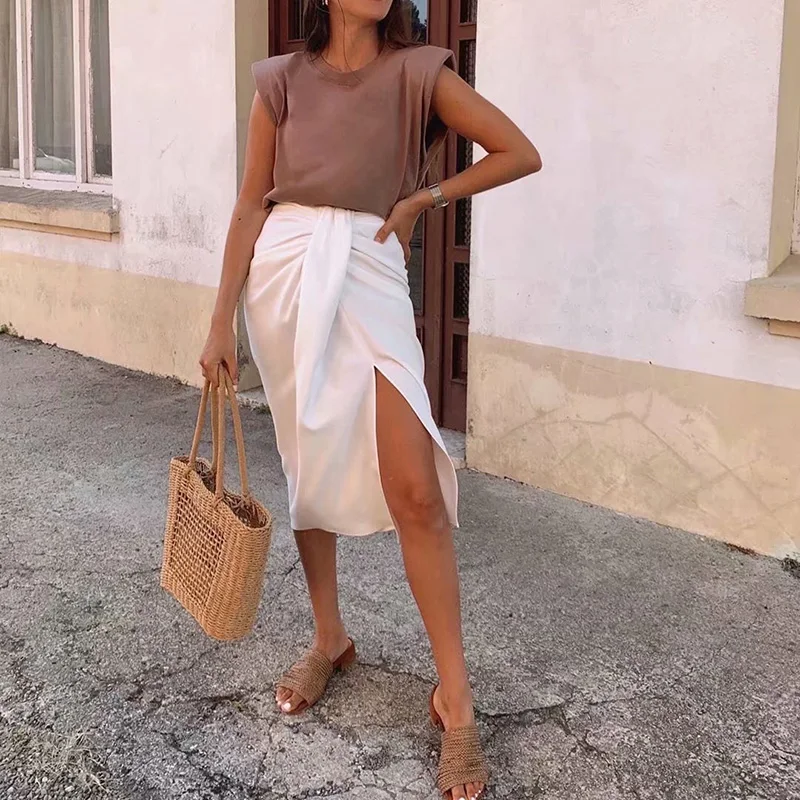 

Women 2021 Knotted Wrap Midi High Waist Back Zipper Split Fork Slit Female Skirt Vintage Sexy Female Fashion Skirts Mujer