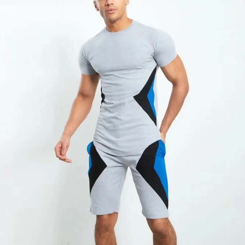 

European and American men's short-sleeved fashion trend suit outdoor sports and leisure hit color personality two-piece