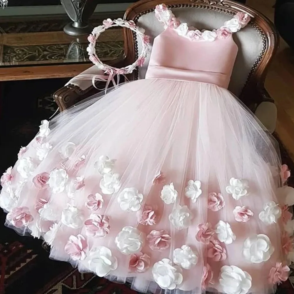

Pink Spaghetti Straps Flower Girls Dresses Floral Applique Girls VIntage Ball Gowns Custom Pink Party Dresses