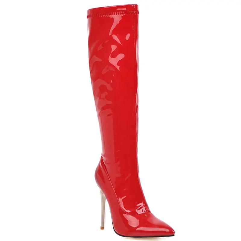 Сапоги Lasyarrow женские зимние до колена лакированная кожа тонкий каблук высокие