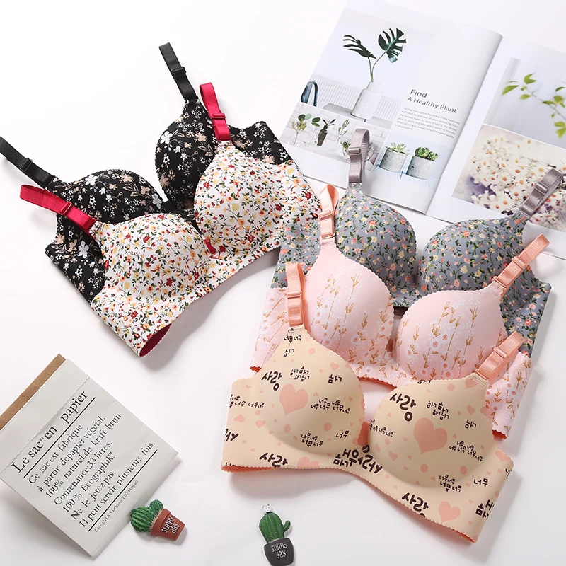 

Women Flower Print Seamless Bra Sexy Lingerie Floral Push Up Gathered Brassiere One-Piece Underwear Female Brassiere Intimates