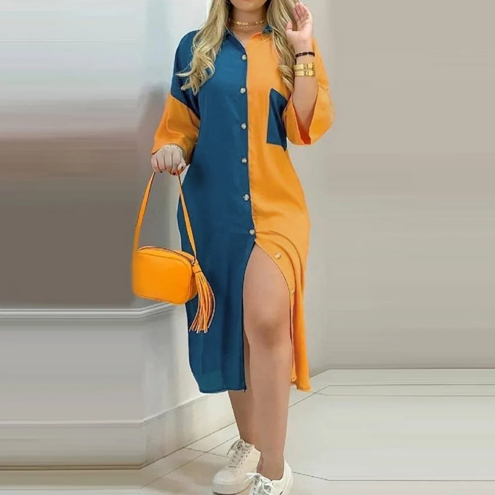 

Ladies Spliced Dresses Fashion Color Matching Slim Short-Sleeved Shirt Dress Casual Home Street Commuter Plus Size Dress Women