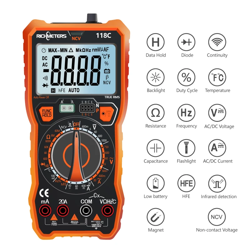 RICHMETERS 118C Digital Multimeter 6000 Counts 20A NCV HFE True-RMS 100mF capacitance Magnet AC/DC Voltage Current Temperature