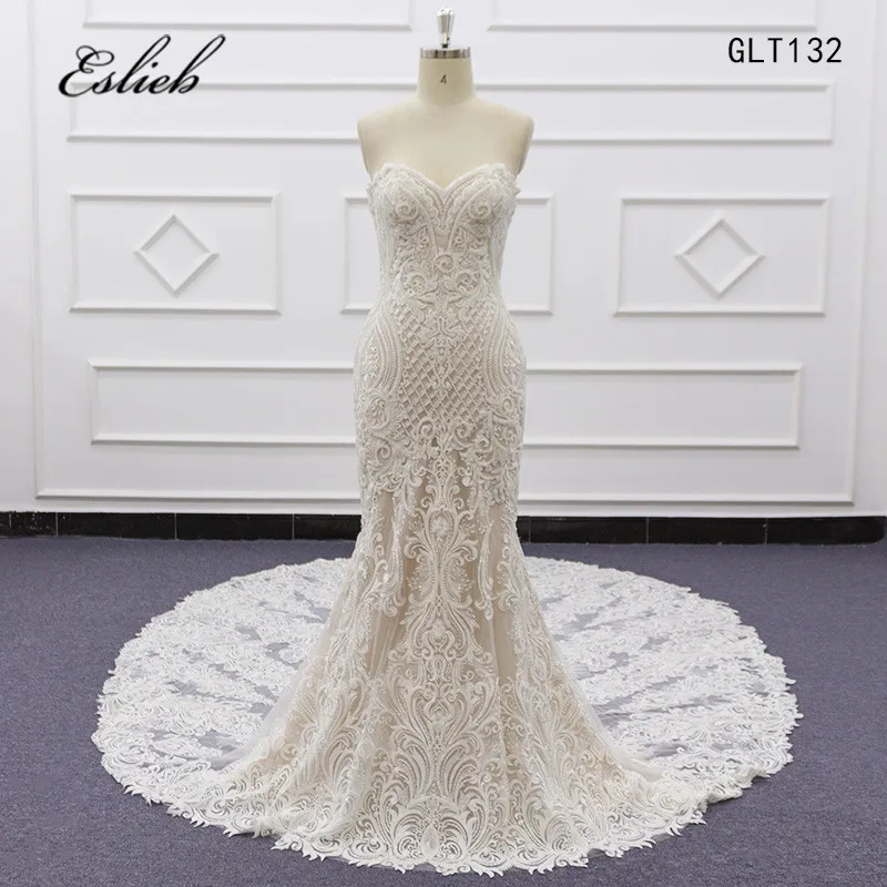 Свадебное платье с длинным шлейфом Eslieb кружевное аппликацией в виде русалки