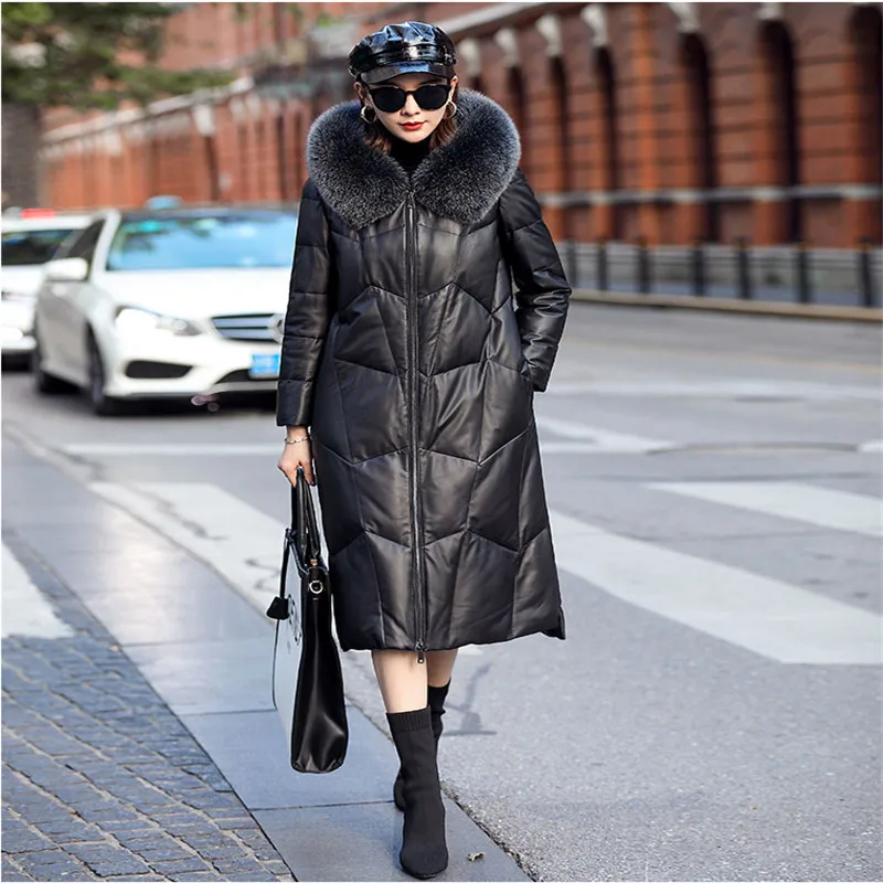 Sheepskin down female long section  autumn  winter new Korean leather  hooded fox fur collar leather down Big size women's Coat enlarge