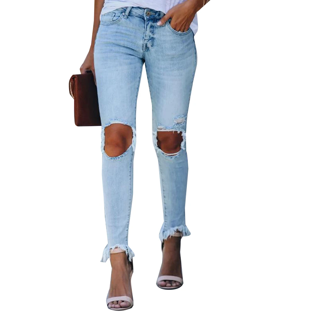 

VICABO Women Jeans Skinny Mid Waist Zipper Fly Slim Trousers Distressed Streetwear Hole Ripped Elegant Lady Denim Long Pants