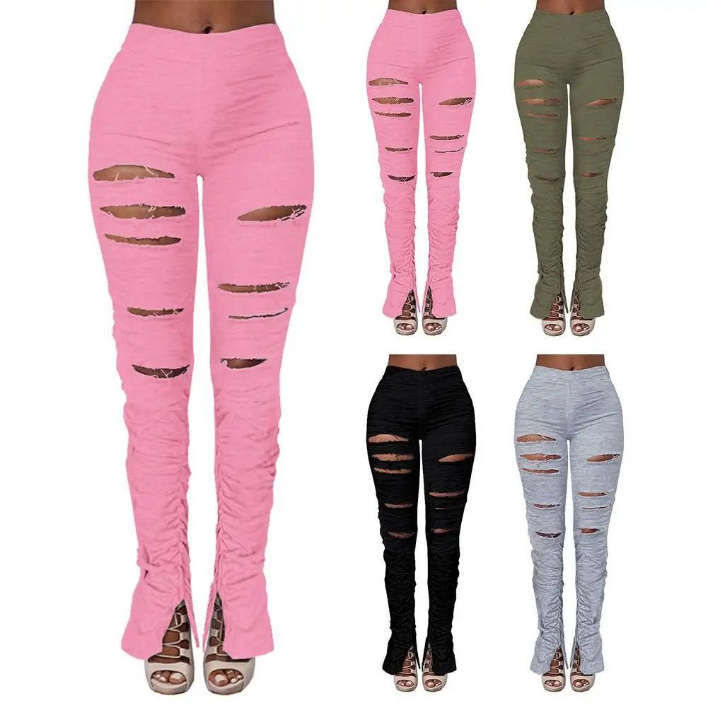 

Distressed Women Flare Pants Joggers High Waist Pleated Trousers Stacked Sweatpants New Fitness Ruched Pants Hole Sport Leggings