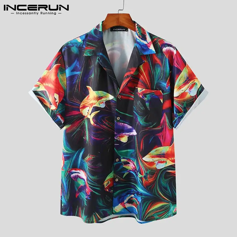 

INCERUN 2021 печати для мужчин гавайская рубашка для отдыха с отложным воротником с коротким рукавом Повседневная Camisas уличная дышащая мужская о...