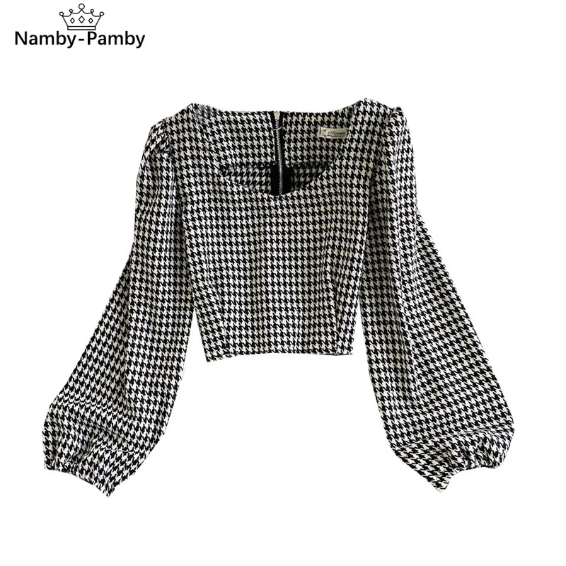 

Autumn Winter New Style Retro Plaid V-neck Woolen Shirt Women's Fashion Slim Short All-match Puff Sleeve Top UK441
